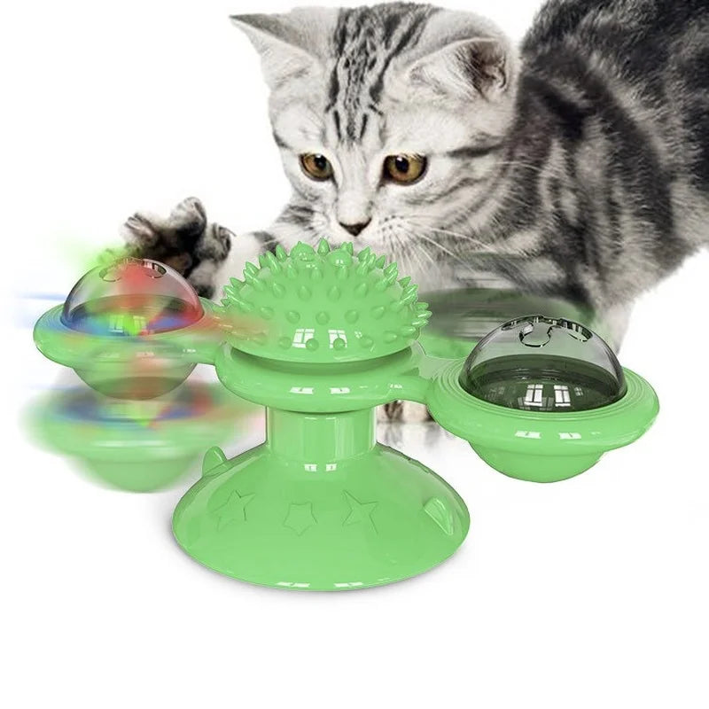 Interactive Windmill Cat Toy Fun Puzzle Game with Whirligig Turntable & Toothbrush for cats