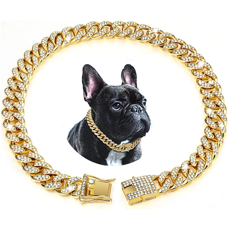 🔥Pet Dog Cat Metal Gold Chain Diamond Cuban Collar Link Luxury Necklace Bling🔥