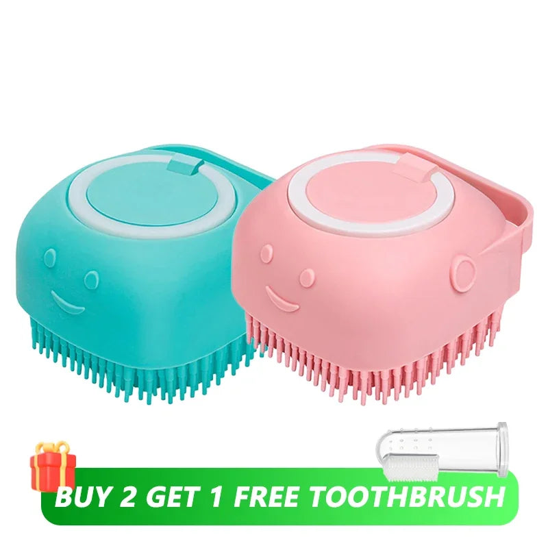 2-in-1 Dog & Cat Bath Brush Soft Silicone Massage Brush with Shampoo Dispenser for Grooming & Shower