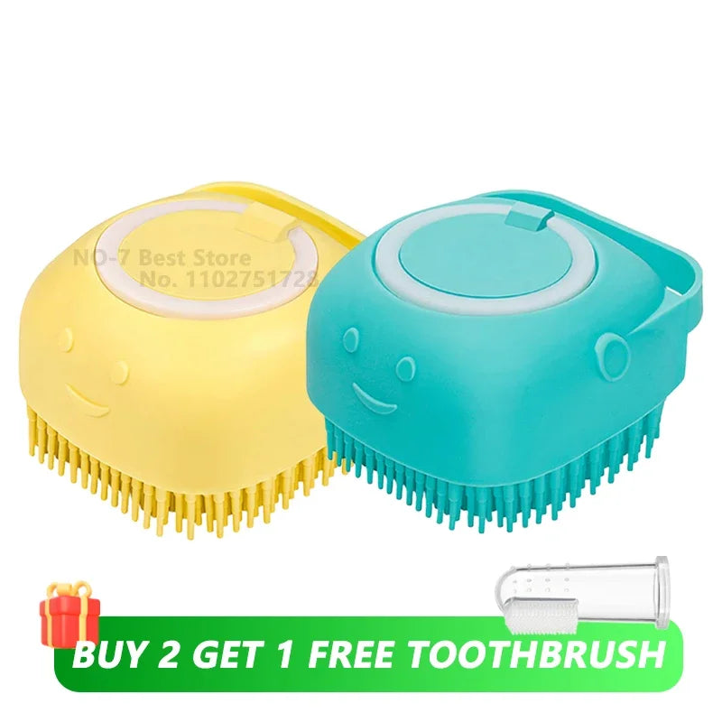 2-in-1 Dog & Cat Bath Brush Soft Silicone Massage Brush with Shampoo Dispenser for Grooming & Shower