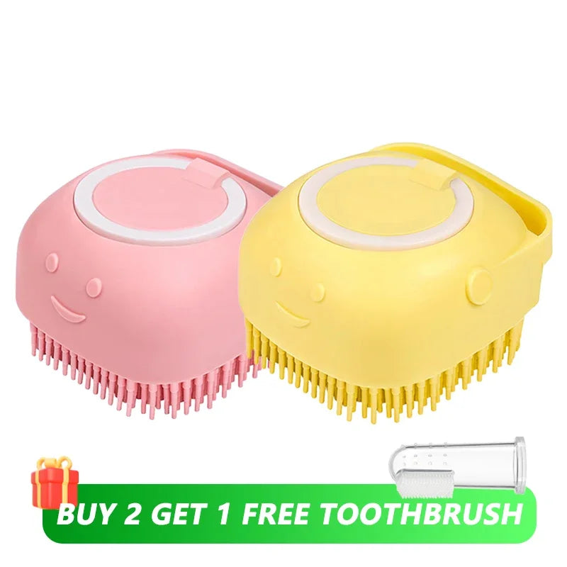 2-in-1 Dog & Cat Bath Brush Soft Silicone Massage Brush with Shampoo Dispenser for Grooming & Shower