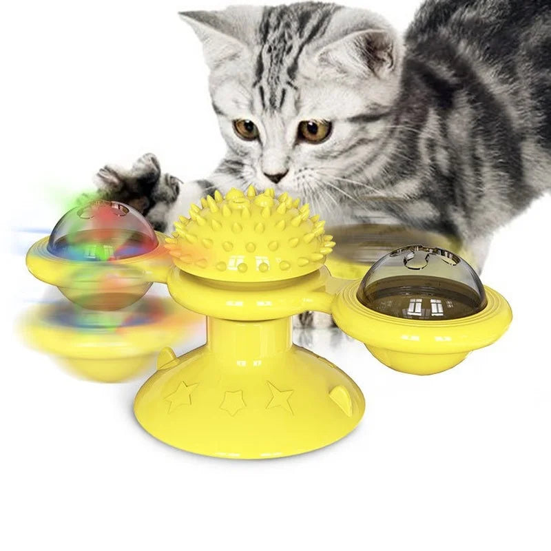 Interactive Windmill Cat Toy Fun Puzzle Game with Whirligig Turntable & Toothbrush for cats