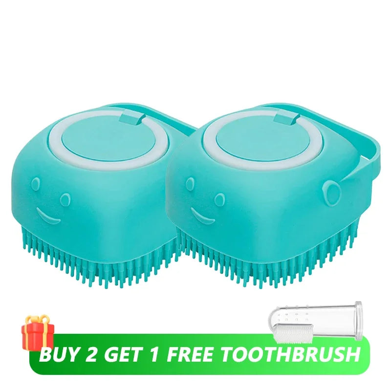 2-in-1 Dog & Cat Bath Brush Soft Silicone Massage Brush with Shampoo Dispenser for Grooming & Shower